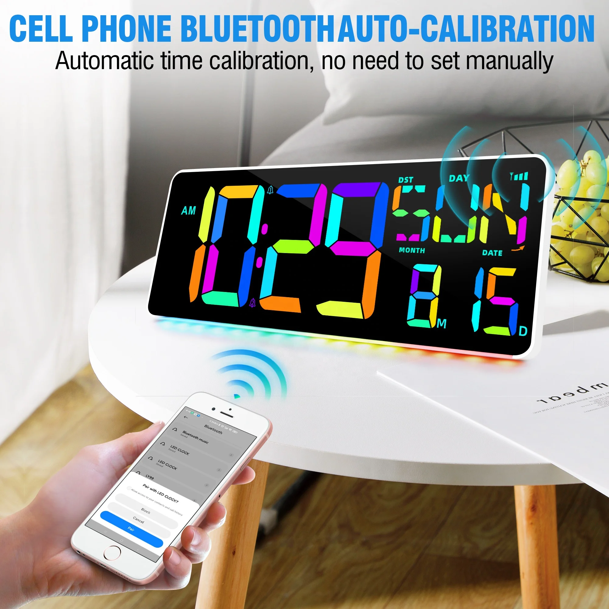Mobile Phone Bluetooth Connection One-Key Time Synchronization RGB  LED Wall Clock Color Changing Alarm Clock with Sunrise