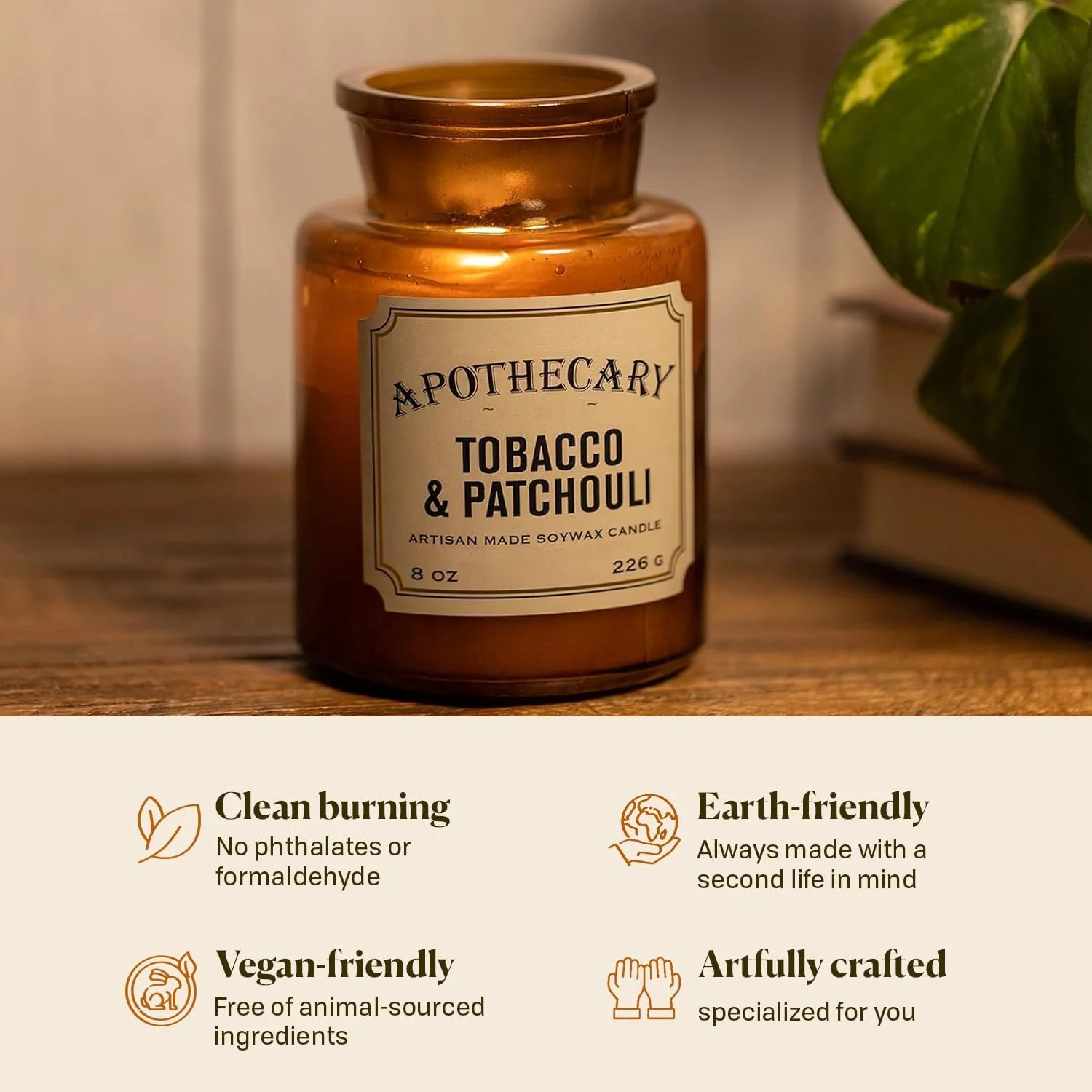 Hot selling Soy wax Scented Candles 8-Ounce Tobacco & Patchouli Old-world inspired apothecary bottles in amber glass