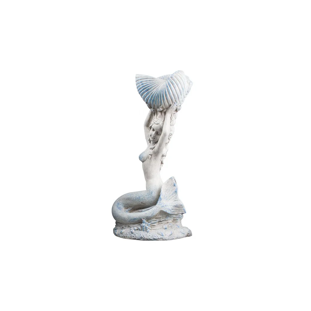 Resin Crafts Mermaid with Conch On Seashell 24 Inch White Resin Stone Statue