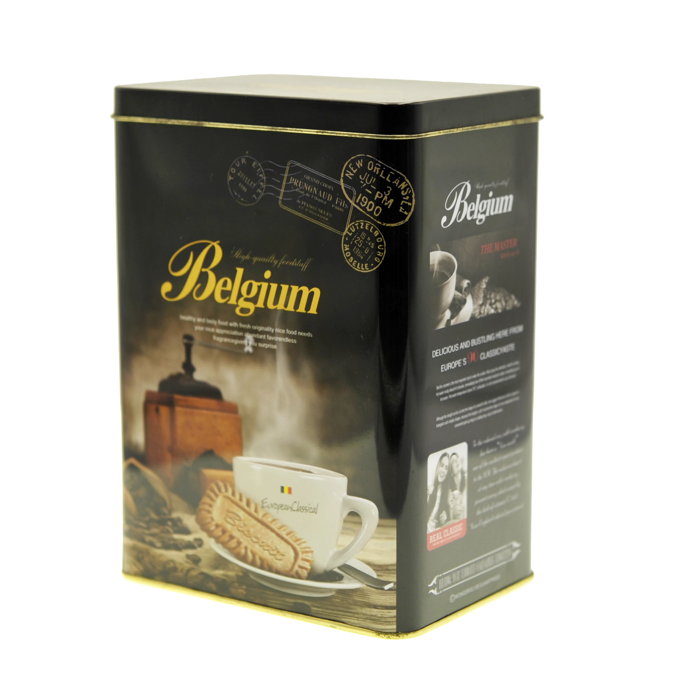 Empty tin container box for cookies and food packaging