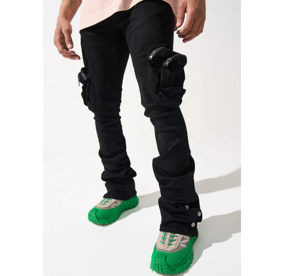 HG high quality double pocket zip closure cargo jeans black wash stretch skinny fit bottom button closure stacked jeans