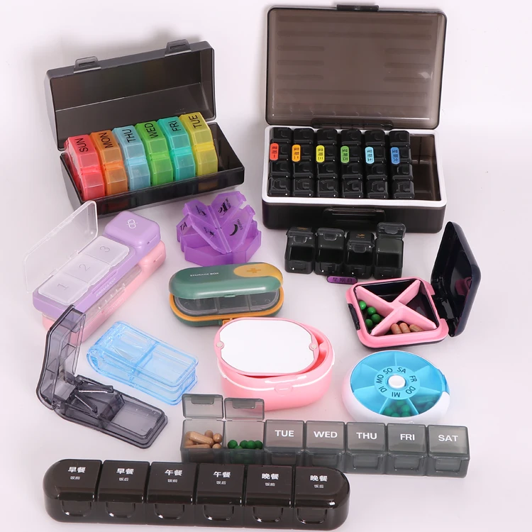 Yuzmei 7Day Pill Planner Organizer 28 Compartment Portable Case Plastic Capsule Case Pill Dispenser Medicine Cutter Crusher Box