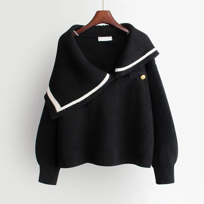 2024 Autumn Fashionable girls turn-down neck long sleeve free size cable knit women sweater