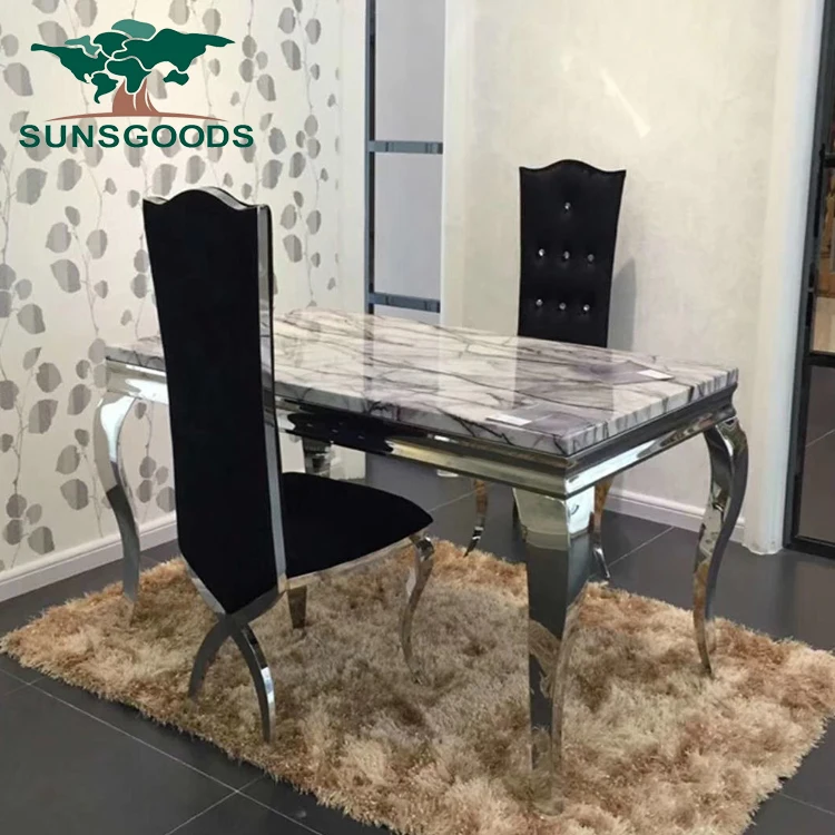 
6 seater new design modern gold stainless steel marble dining table set 