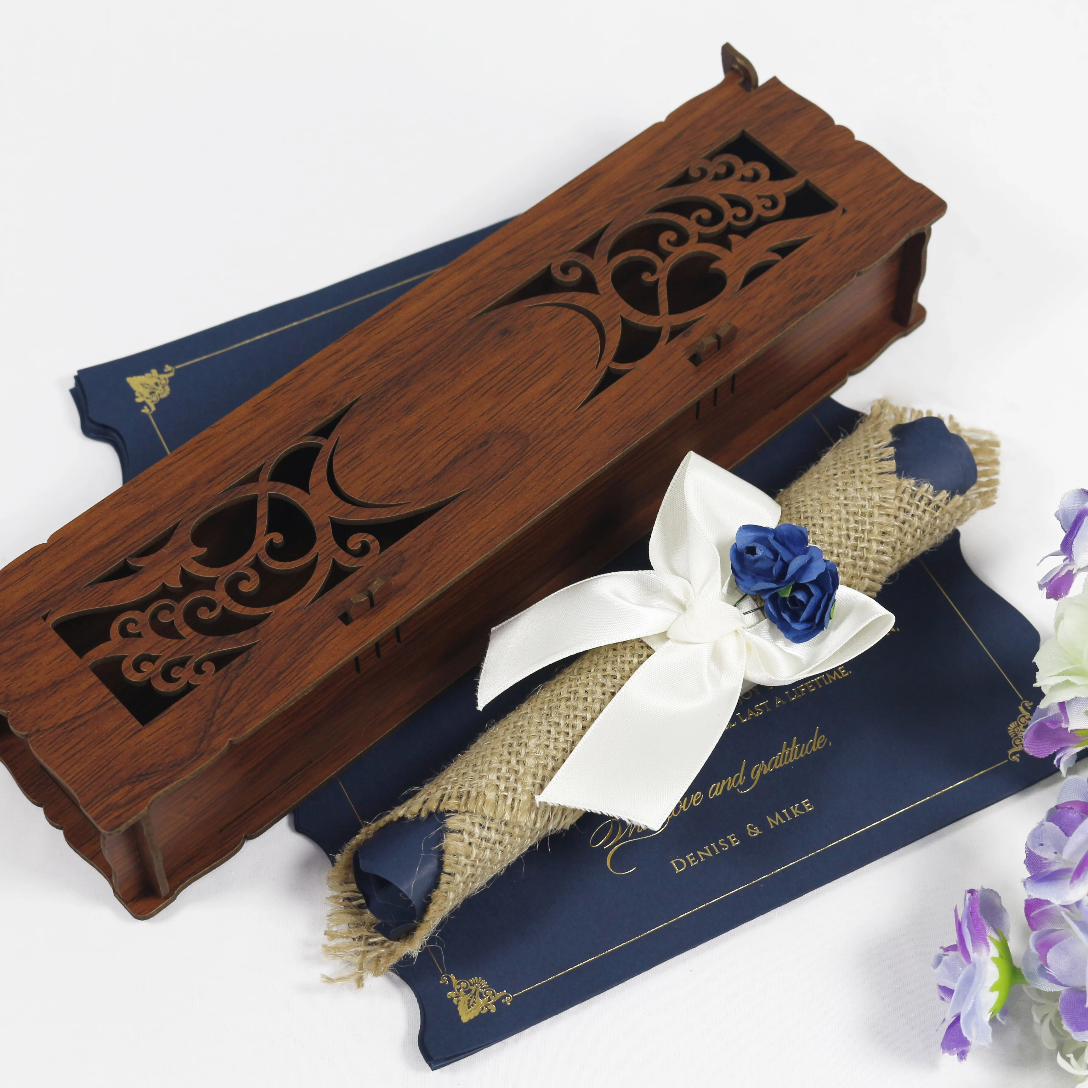 Роскошная африканская лазерная резка деревянная коробка ретро свиток Свадебное приглашение с конопляным рулоном и бантом из ленты