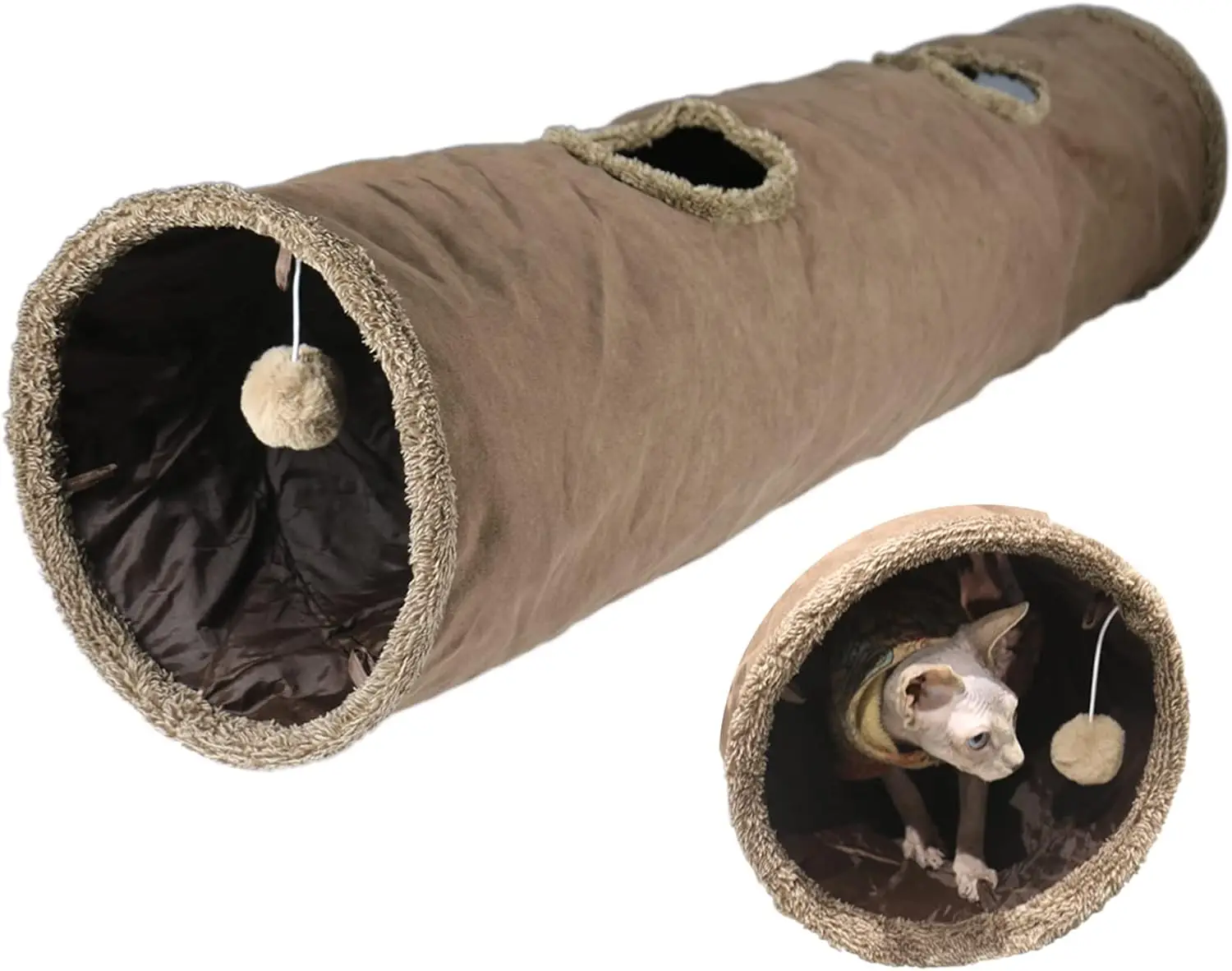 Cat Tunnel for Indoor Cats, 51* 12 inch Foldable Big Cat Tunnel, Grey Suede Pet Tunnels with Two Peepholes and a Bubble Ball