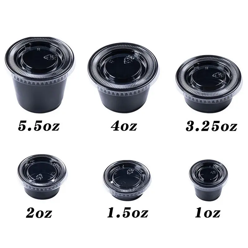 Disposable Clear Black Plastic PP 1/2/3/4 Oz Seasoning Sauce Container Cup With Lid Salad Dressing Condiment Cups Portion cups