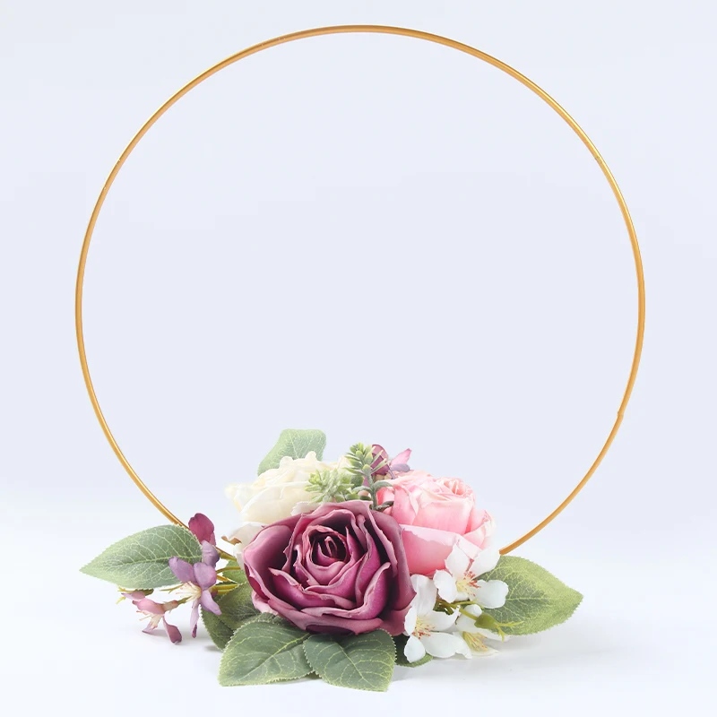 Gold Hoop Rings Metal Wire Wreath Wedding metal Hoop artificial flower Wedding Centerpieces for party  table decorations