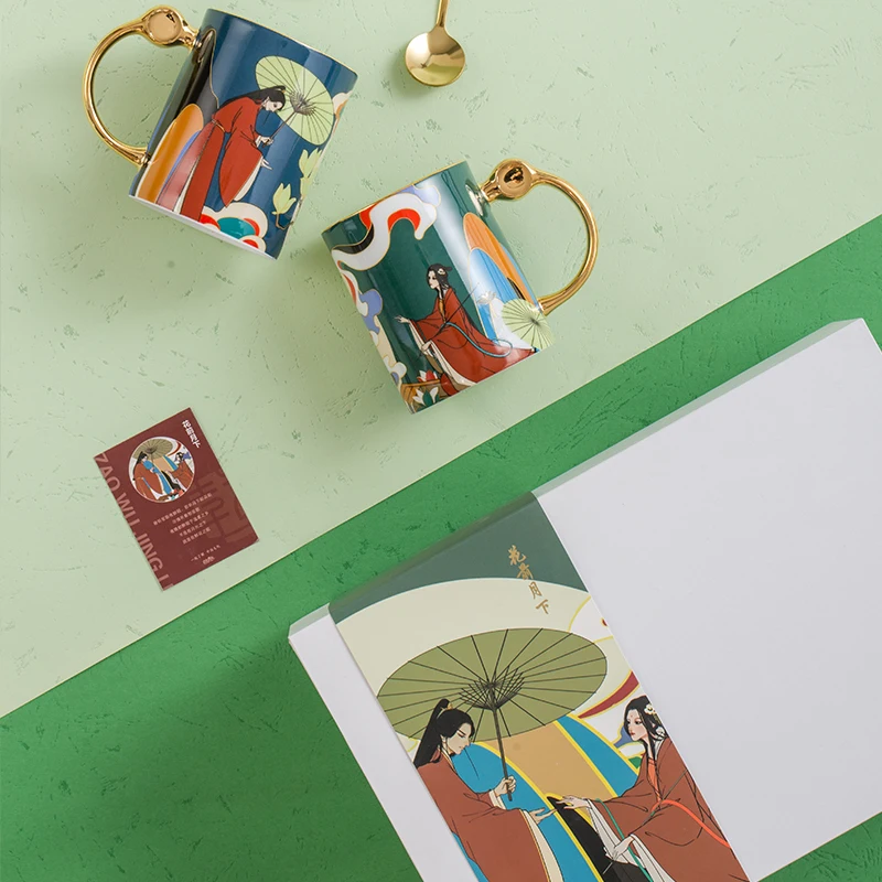 Oriental Culture High-Durable Ceramic Mug Wedding Couple Suit Cartoon Design Wear-Resistant Tea & Coffee Set