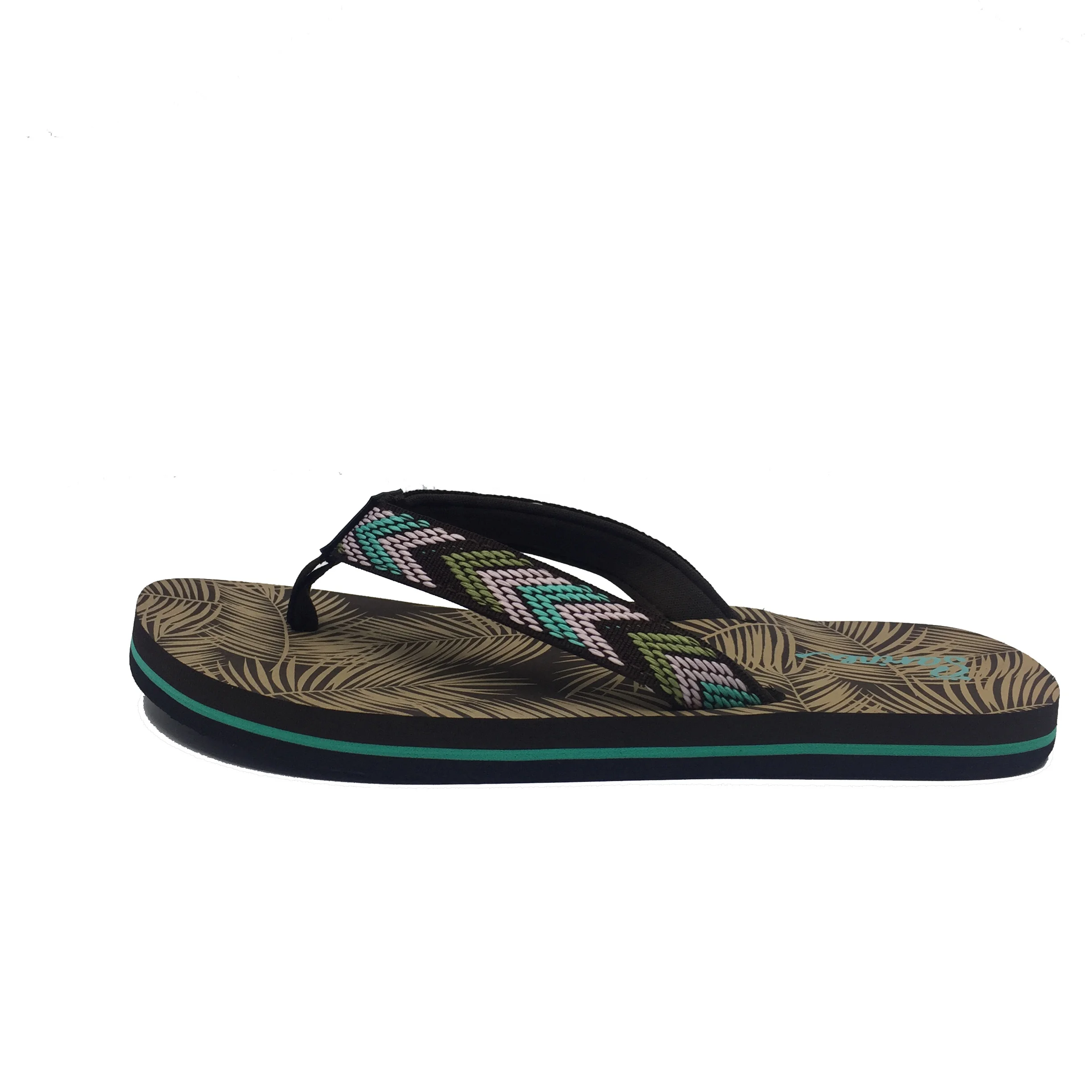 Double color webbing strap customized palm tree silk printed soft EVA sole sheet woman nude woman flip flops