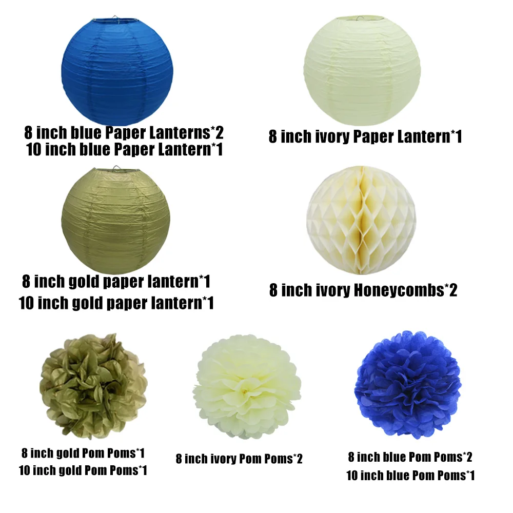 15PCS Blue Ivory Gold Paper Lanterns Pom Poms Honeycombs Party Decoration Set for Wedding Birthday Home Decor