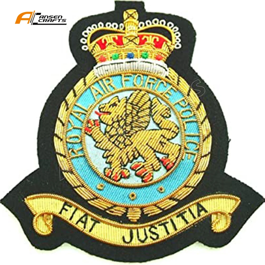 
Custom Amazon Hot Sales Royal Air Force Police Fiat Justitia Military Embroidery Indian Silk badge 