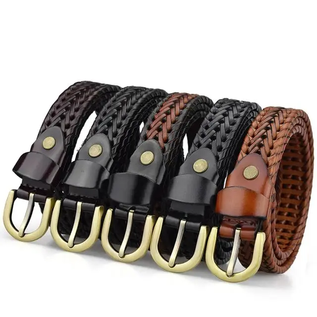 Custom gold buckle Luxury Black Brown Genuine Leather Braided Woven Man Knitted Belts