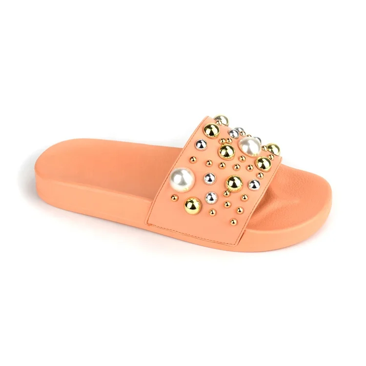 Wholesale PVC Pearl Slide Sandals for Women Summer Slippers Sandal Girls Studded PU Leather Upper Slip-on Ladies Shoes OEM