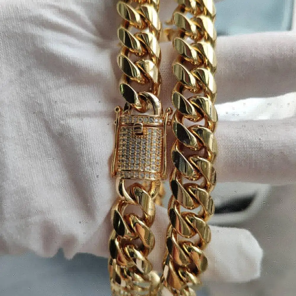 Diamond Clasp 10/12MM Hip Hop Jewelry 14k 18k Gold Miami Cuban Necklace Stainless Steel Cuban Link Chain