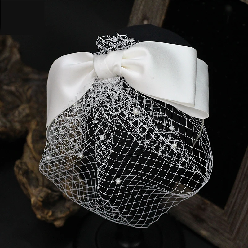 
BH1388 YIWU hera Vintage pearls short Face fishnet veil Bridal Wedding hair bow headband Party Accessories 