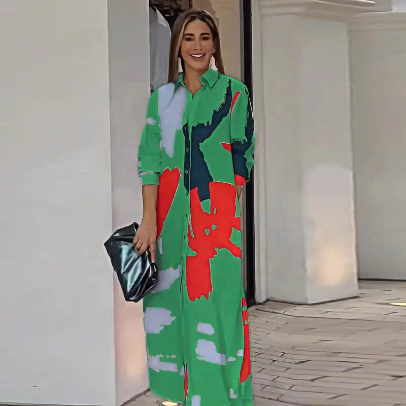 Casual Button-front V Neck Print Single-breasted Printed Split Long Sleeve Loose Shirt Women Maxi Dress Dresses