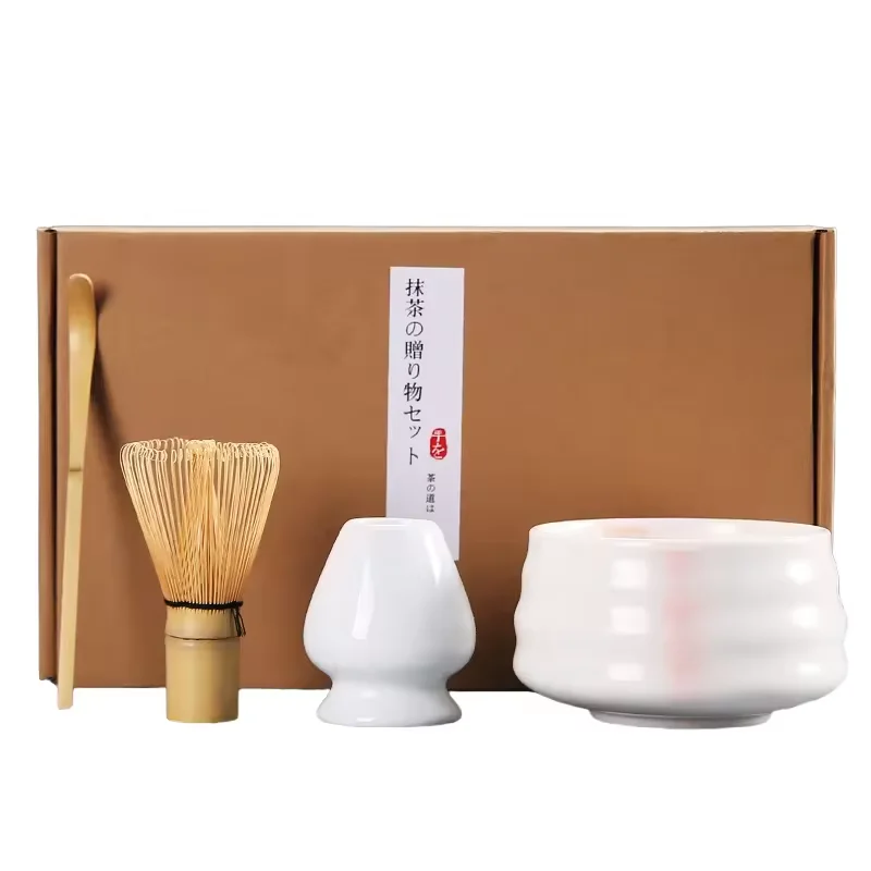 High Quality Custom Logo Wooden Box Matcha Whisk Set with Ceramic Bowl matcha green tea powder bamboo whisk