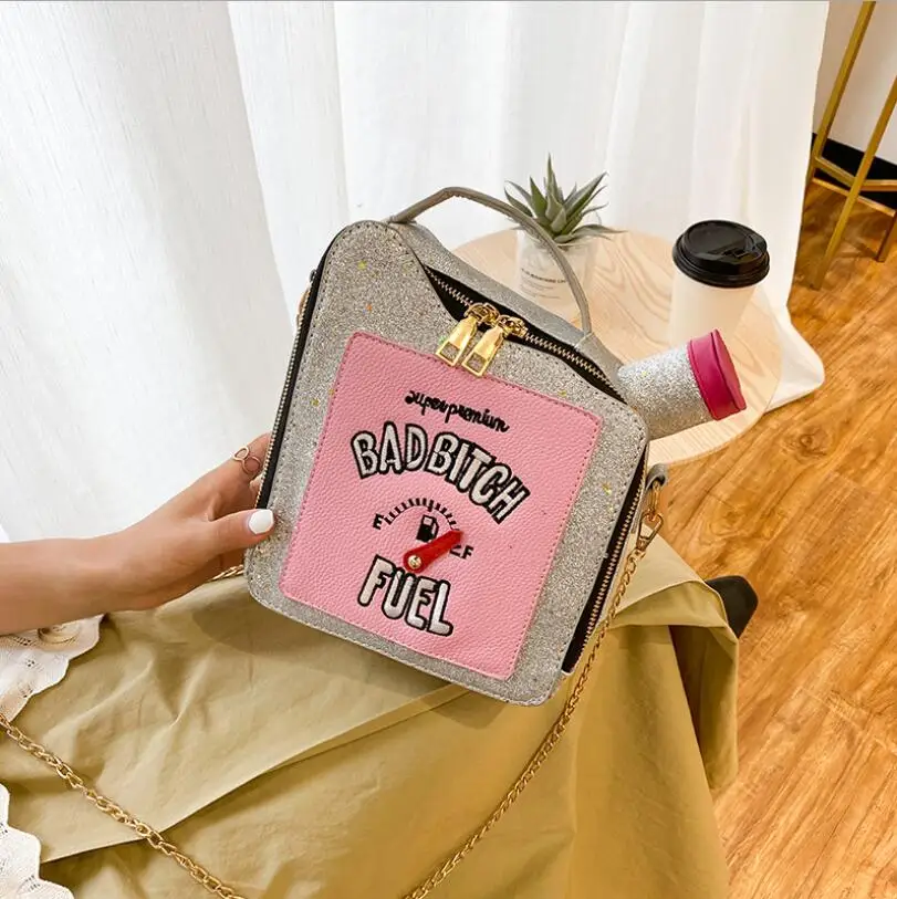 
Wholesale Fashion Funny Embroidery Letter Gasoline Fuel Tank Bottle Shape Handbag Ladies Messenger PU Clutch Bag Totes Purse 