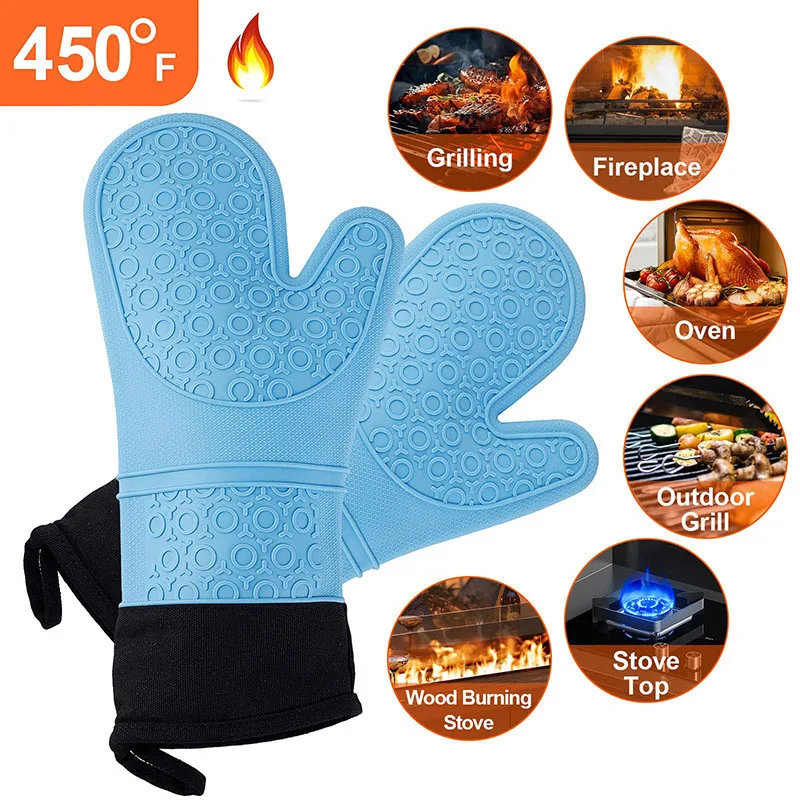 Heat Resistant Silicone Oven Mitts Waterproof Grilling Gloves Extra Long BBQ Gloves Non-Slip Pot Holder for Baking BBQ