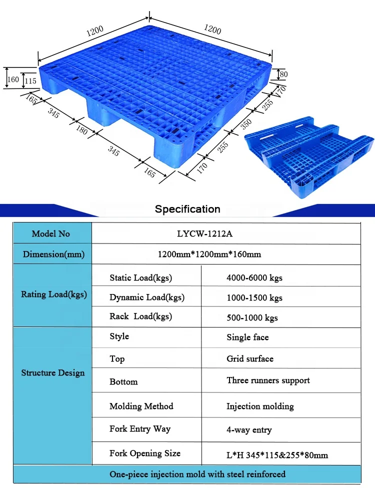 Steel inside 3 runners grid surface HDPE plastic pallet 1200x1200x160mm warehouse racking logistics use