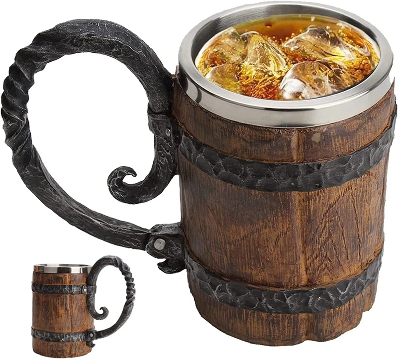 Antique Barrel 550ML Viking Drinking Cup Stainless Handmade Wood Style Beer Mug