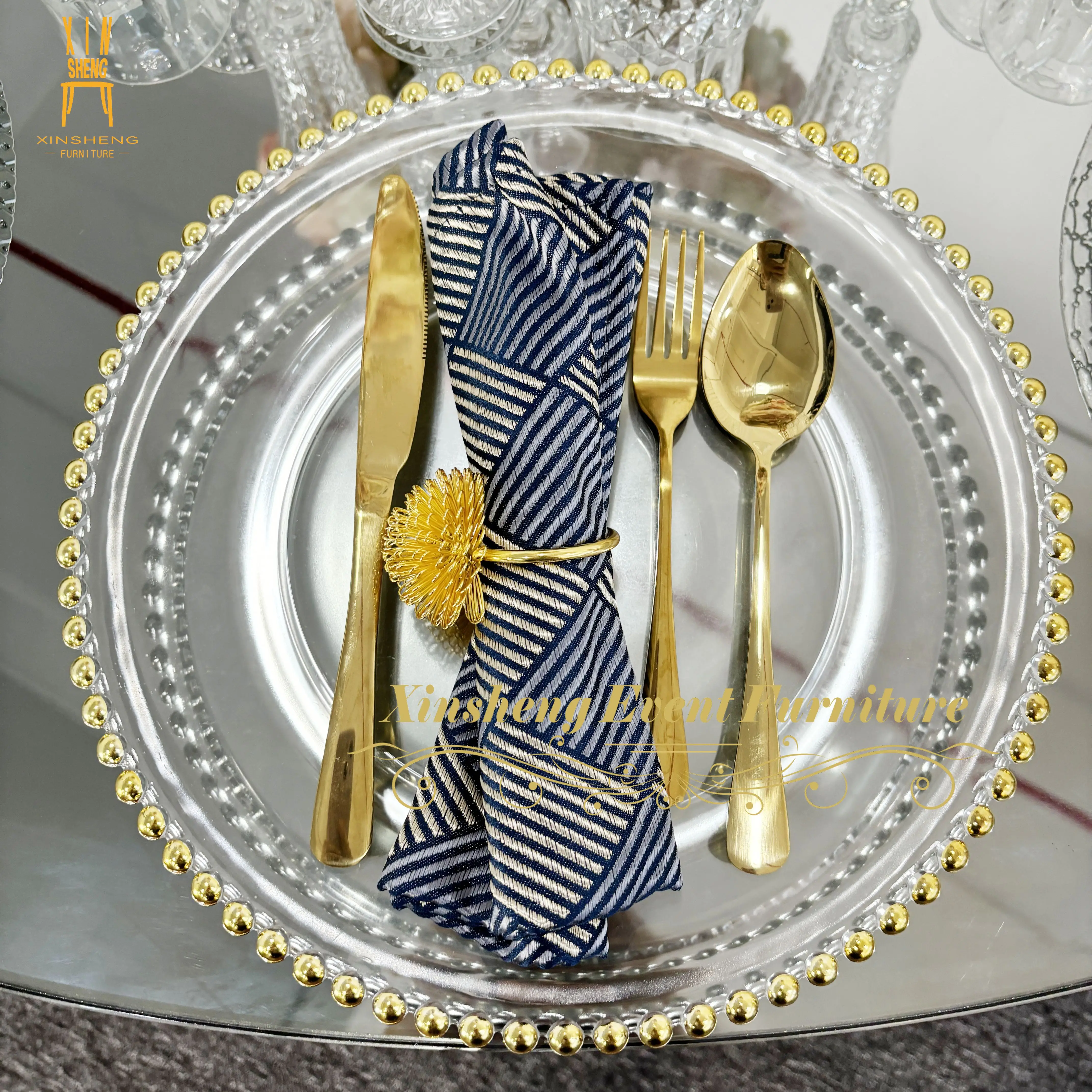Factory Price Transparent Dinner Plate Glass With Gold Rim Beaded Party Events Banquet Wedding Tableware