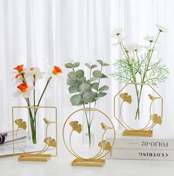 Gold Nordic Metal Frame Wrought Iron Transparent Mini Glass Modern Home Decoration Vase Metal Vases Decor