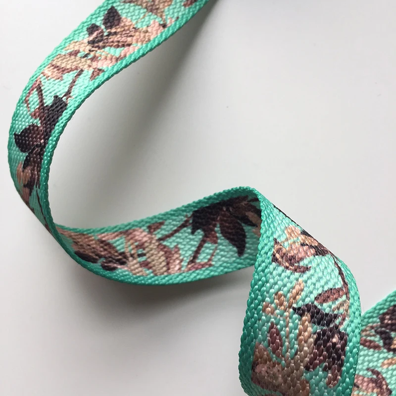 
Factory direct sale 2.5cm polyester non-elastic green pattern shoes decoration webbing two-sided thermal transfer webbing 
