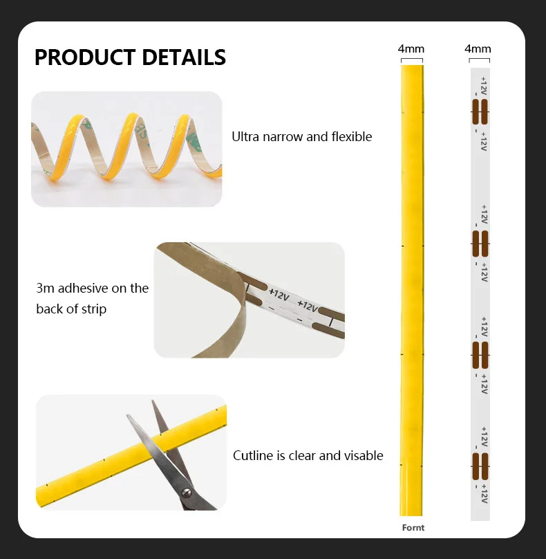 High Density 4mm LED Ribbon Light DC 5V 12V 24V 480 Leds 4mm 5W IP20 Flexible COB LED Strip Light