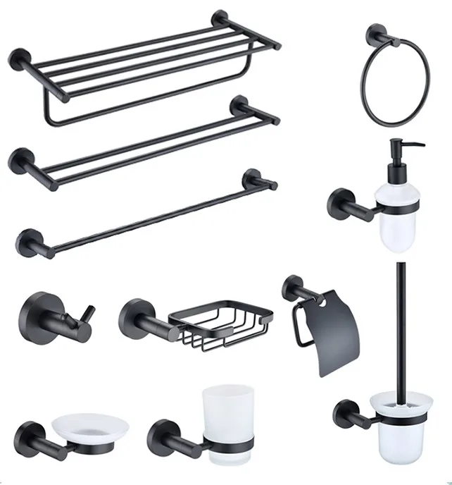 Matte Black Towel Bar Rail Rack Bathroom accessories set Hooks Soap Box Dispenser Towel Ring Toilet Brush Paper Holder