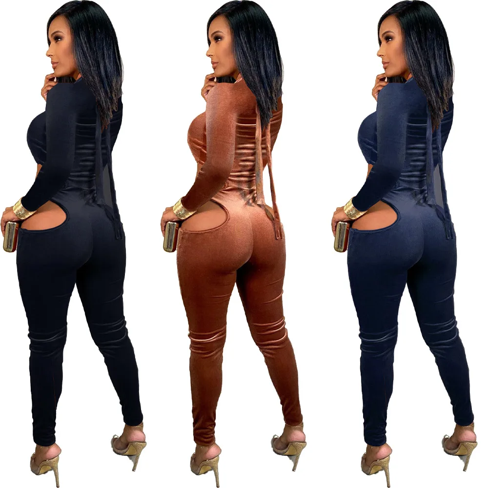 Fashion sexy velvet stitching solid color jumpsuit for Women Y2k Clothes One Piece Sexy Night Clubwear