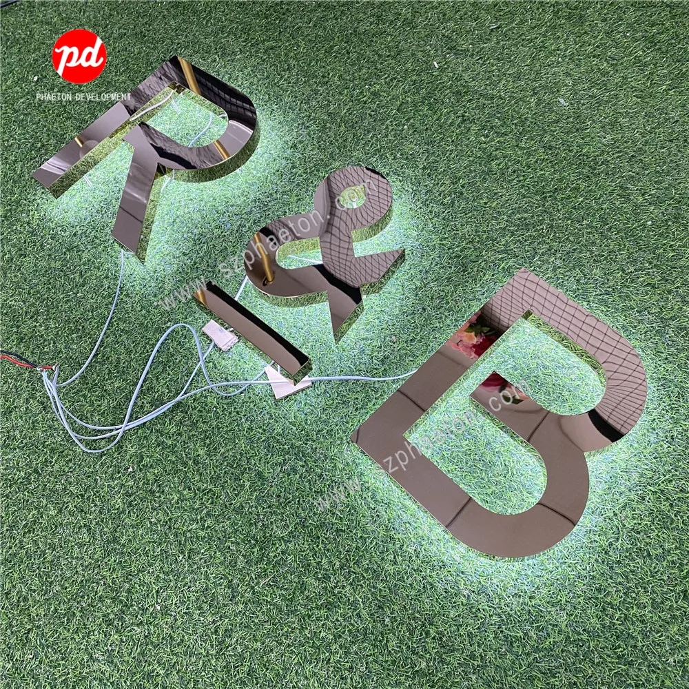 3D Led Backlit Halo lit Mirror Gold Brushed Channel Letters Building Sign Lobby Sign for Company Logo and Shop Store Advertising