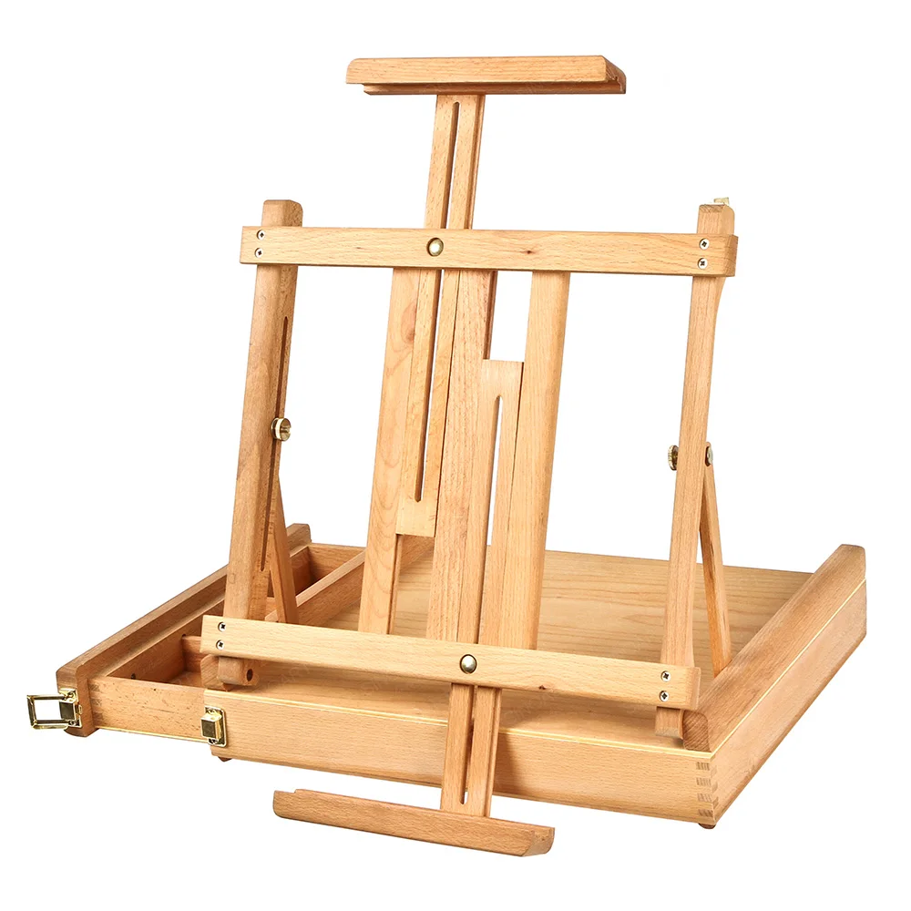 SINOART Beech wood Table Easel Box Portable Side Drawer Easel Adjustable Tabletop Box Easel