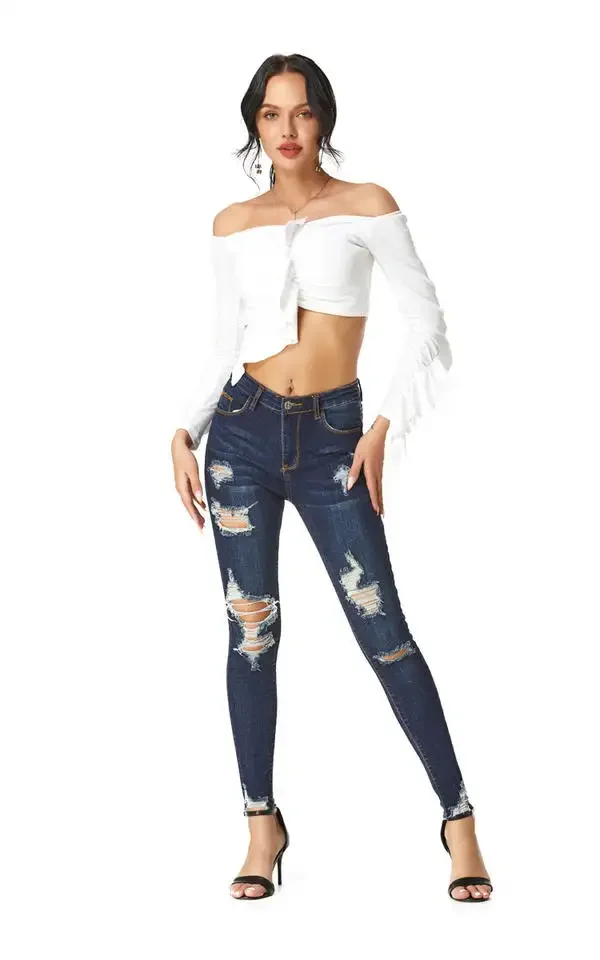 Wholesale Hot Selling Leggings Dark Blue Ladies Jean Women Destroyed Skinny Denim Jeans Women Pants