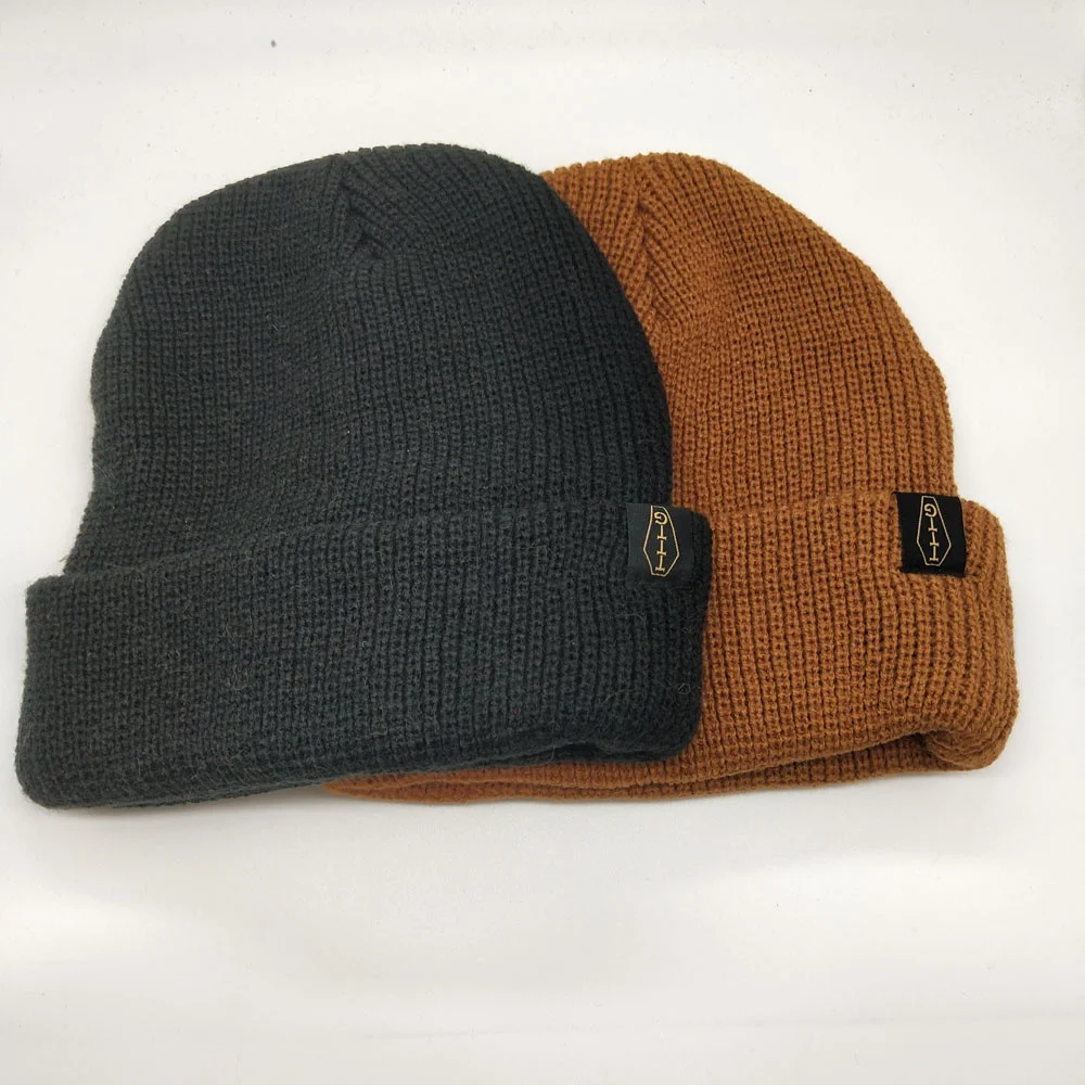 OEM Service Make Custom Logo Unisex BLACK Beanie Ribbed Soft Acrylic Knitted Ski Hat