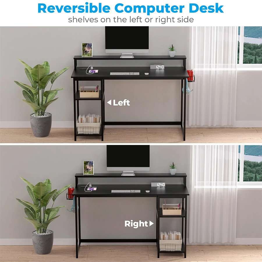 Simple Design Home Office Reversible Small Desk with Monitor Stand and Storage Shelves Power Outlet Computer Desk