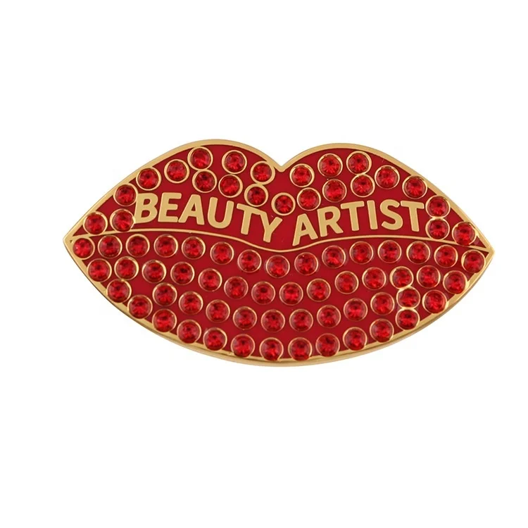 Wholesale Custom Made Gold Plated Enamel Red Rhinestone Lip Brooch Pin Badge