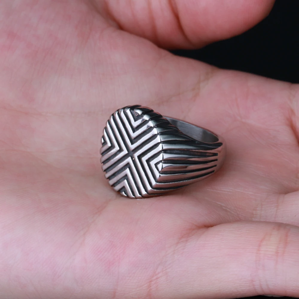 High Quality Vintage Stripes Link Gemstone Ring Anillo Statement Stainless Steel Men Biker Finger Ring