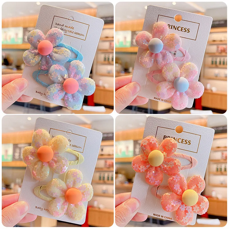 2 Pcs/set Sequins Flower Hair Clips Sweet Children Colorful Sequin Flowers Hairpins