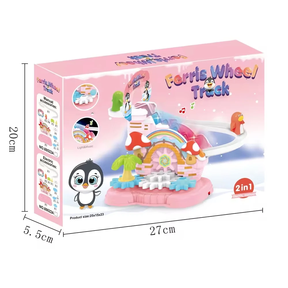 2024 Kids new educational diy assembled penguin ladder track toy fun cartoon pink gear building block track toy with sound light