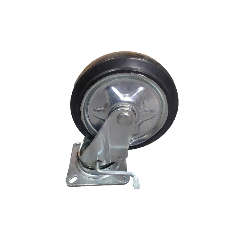 Industrial Caster wheel Black Elastic Rubber Wheel Heavy Duty Plate Type Caters with Brake
