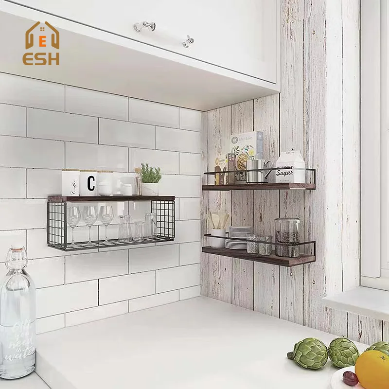 Hot Sale Hanging Storage Metal and Wood Wall Mounted Floating Wall Shelf