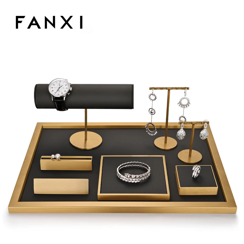 FANXI New Arrival jewelry display stands pu leather and metal luxury ring earring necklace shop window display showcase set