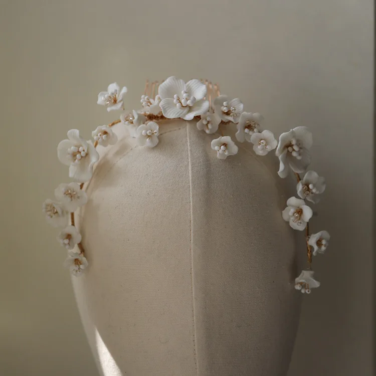 Forest wedding Premium boutique fresh water pearl handmade ceramic white  bride Crown Crown hair accessories Bridal tiara