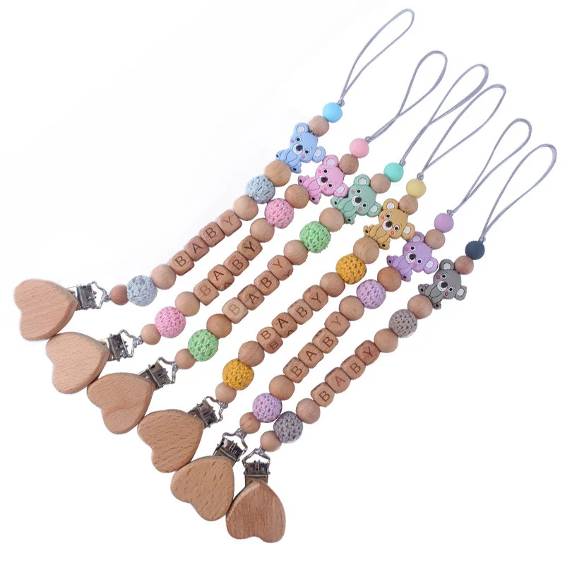Wood Pacifier Clips Safe Teething Chain Baby Teether Eco-friendly Dummy Clips Holder Personalized Name