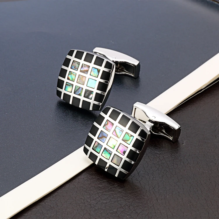 2022 Trendy High Quality Black And Colorful Shell Square Lattice Cufflinks Semi-Precious Stone For Mens Shirt