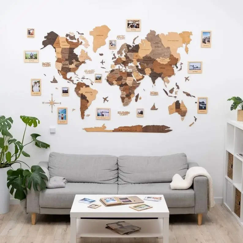 Chunlei OEM mapa del mundo New Style 3D Wood World Map With light Home decor