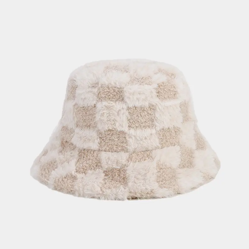 2024 New Designer Ladies Winter Warm Fluffy Plush Bucket Hat High Quality Checkerboard Pattern Fisherman Plain Styles