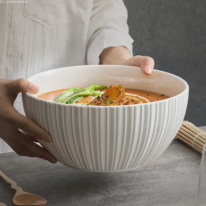 Factory Direct Sales Round Striped Porcelain Soup Salad Rice Bowl Hotel Restaurant and Home
